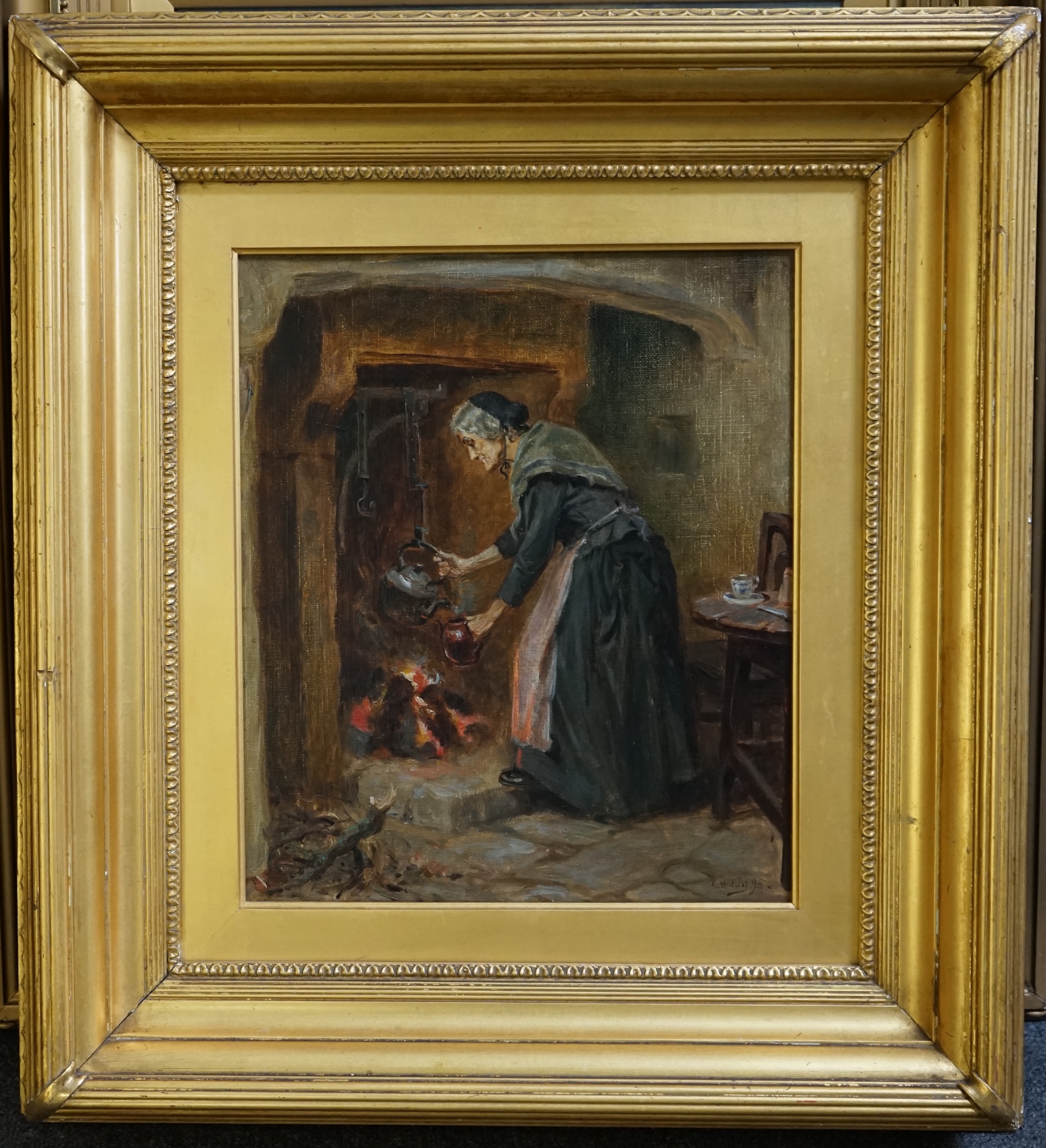 Ralph Hedley (British, 1851-1913), Interior with old woman at the hearth, oil on canvas, 35 x 30cm